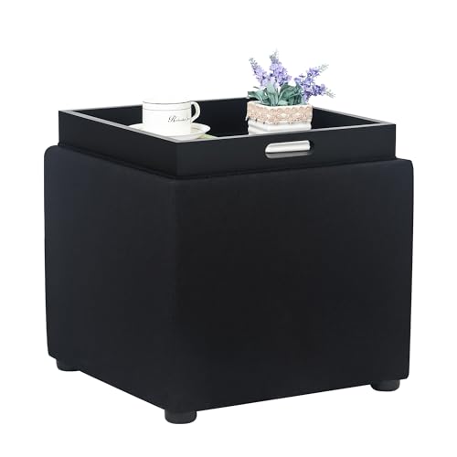 Adeco 17" Black Square Storage Ottoman with Tray, Modern Cube Ottoman Coffee Table for Dorm, Bedroom