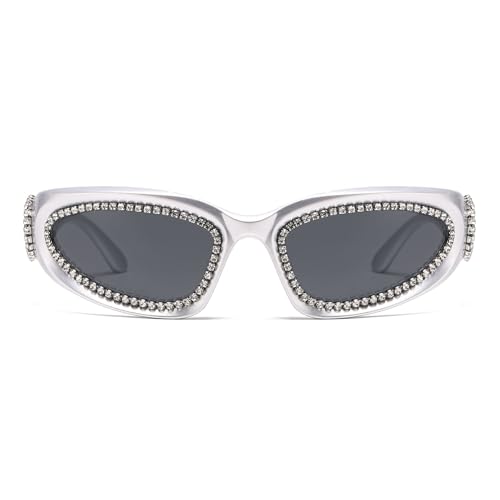 LJCZKA Y2K Rhinestone Wrap Around Sunglasses for Women Men Diamond Oval Sun Glasses Trendy Bling Punk Shield Shades4