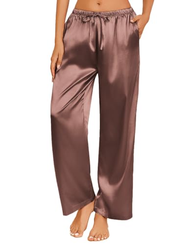 Image of Ekouaer Womens Silk Satin Pajama Lounge Pants Sleep Pj Bottoms with Pockets