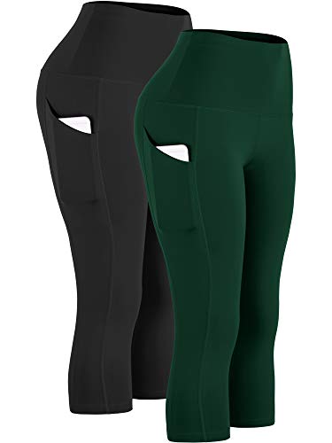 Cadmus Womens High Waist Workout Legging Capris for Yoga w Side Pockets,1109,Black & Dark Green,X-La - //coolthings.us