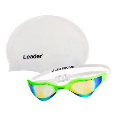 Kit Natação Leader Óculos Speed Pró Verde Espelahdo+Touca Lisa Br...