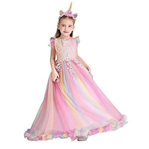 FMYFWY Niña Vestido de Unicornio Princesa Cumpleaños Sin Mangas Disfraz de Carnaval Halloween Navidad Fiesta de Cosplay para Chicas Bautizo Comunión Boda Velada Ropa con Diadema