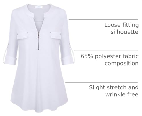Image of Bulotus 3 /4 Length Sleeve Womens Striped Tops Zipper V Neck Collared Blouses Business Casual Tunics 2026 Spring Trendy