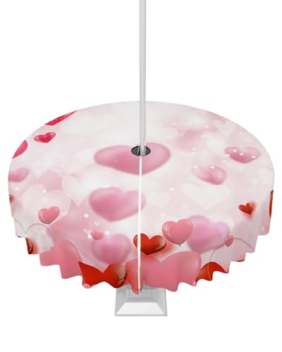 Watercolor Heart Outdoor Tablecloths with Umbrella Hole and Zipper, Waterproof/Stain Resistant Round Table Cloth 60'' Patio Table Cover for Picnic/Party Valentine's Day Gradient Love Red Pink