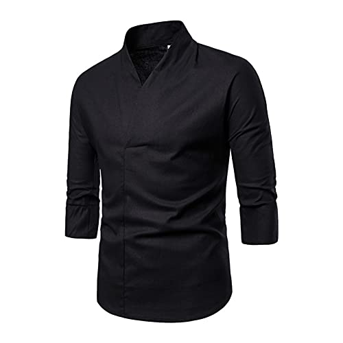 GTHTTT Tee T-Shirt Homme Slim Couleur Unie Coton Lin Col V Chemise Manteaux De Chef Casual Button Col Montant Hauts De Yoga De Plage,Noir,L Cover