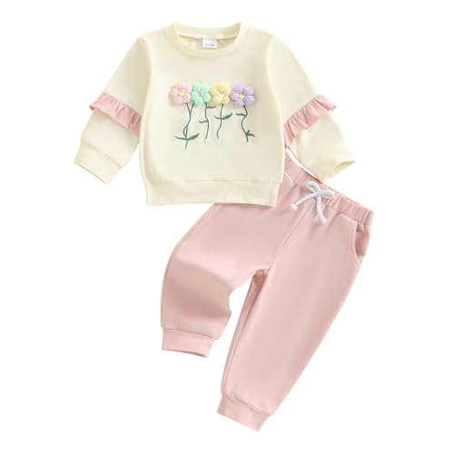 Madjtlqy Toddler Baby Girl Fall Winter Outfit Clothes Flowers Crochet Embroidery Long Sleeve Sweatshirt Tops and Pants Set