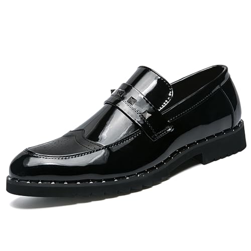Men's Black Wingtip Brogue Loafers Fashion Rivet Comfort Slip On Dress Leather Shoes for Wedding Party Prom Business