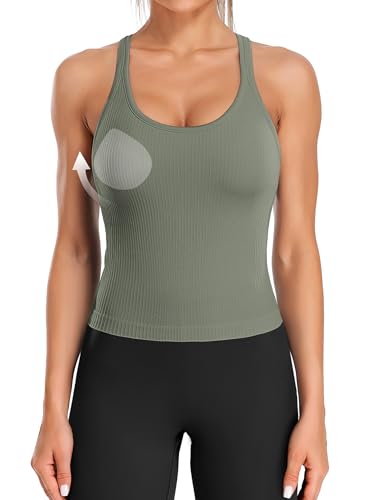 Image of ATTRACO Ribflex Ribbed Workout Crop Tops with Built in Bra for Women Yoga Racerback Tank Top Slim Fit