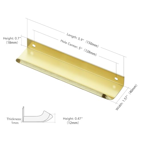 Image of Ravinte Hardware Gold Cabinet Handles Finger Edge Pulls 5.9 Inch CC 10 Pack | Low-Profile Finger Grip, Cabinet Door Edge Mount, Smooth Handle Shape, 5.9 Inch (150mm), For Drawers, Cupboards, Kitchen