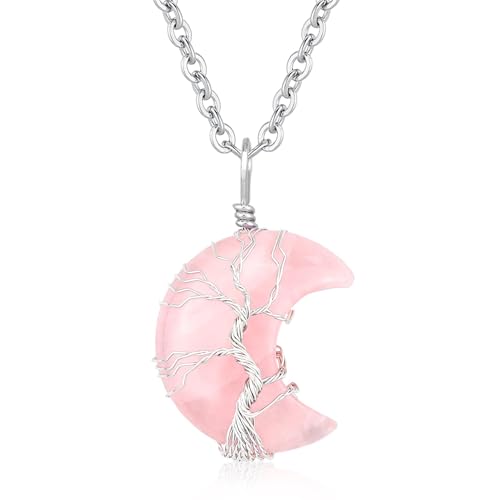 Image of XIANNVXI Tree of Life Wire Wrapped Crescent Moon Pendant Necklace Reiki Healing Crystal Stone Necklaces Natural Gemstone Quartz Jewelry for Women