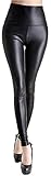 Farbe: schwarz krautwear Damen Mädchen Hose Stretch Glanz Leggings Jeggings mit Hohem Bund Leder Look Schwarz Silbern Braun Leo Fashion