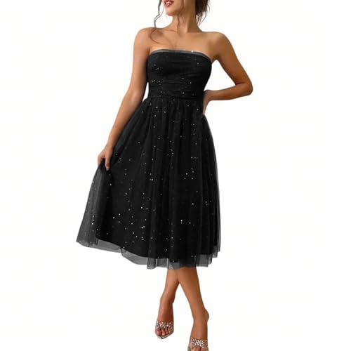 FUPODD Abendkleider Damen Bandeau Pailletten Tüllkleid Rückenfrei Cocktailkleid Midi Abendkleid Elegant Hochzeit Musselin Kleider Frauen Glitzer...