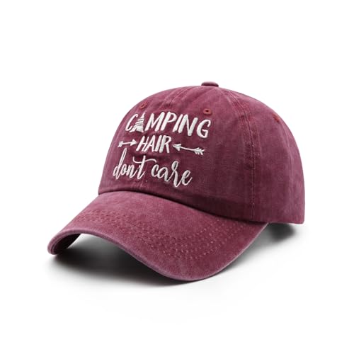 Waldeal Women's Embroidered Camping Hair Don't Care Hat Adjustable Washed Trailer Accessories Cap Burgundy