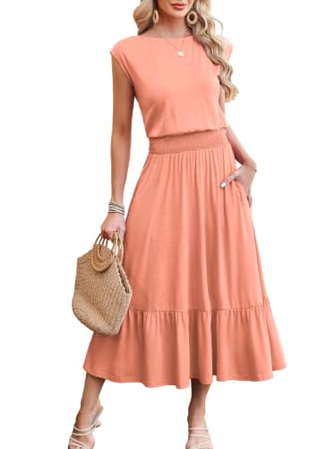 Image of Kikibell Womens Summer Dresses Cap Sleeve Elastic Waist Midi Dress with Pocket Long Causal Sundress Beach Vacation Outfits