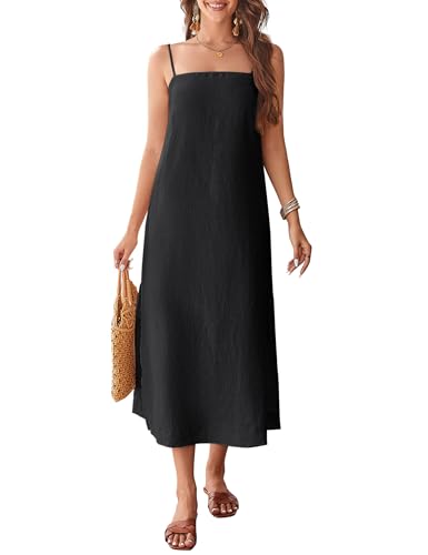 100% Linen Dress Square Neck Sleeveless Spaghetti Strap Summer Casual Midi Summer Dresses with Slit