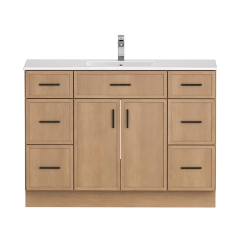 Image of 48 Inch Bathroom Vanity, Modern Bathroom Vanity Without Sink, Freestanding Bathroom Cabinet with 2 Soft Closing Doors & 6 Storage Drawers, Natural