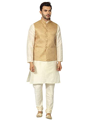 Image of Uri and MacKenzie Men's Silk Blend Regular Kurta Churidar Pyjama with Bundi Nehru Jacket /Waistcoat