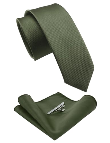 JEMYGINS 2.4 Olive Green Skinny Tie and Pocket Square with Tie Clip Sets for Men (42)