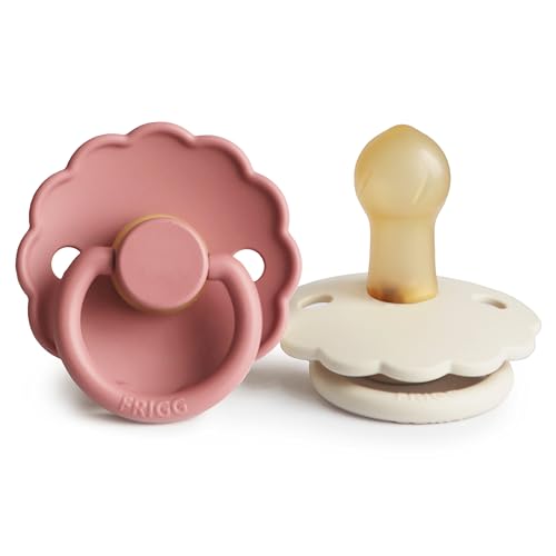 Image of FRIGG Daisy Natural Rubber Baby Pacifier | Made in Denmark | BPA-Free (Powder Blush/Cream, 0-6 Months) 2-Pack