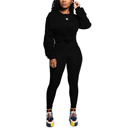 2 Piece Outfits Sweatsuit for Women - Casual Long Sleeve Sweatshirts + Skinny Pants Sweatpants Tracksuit Jogger Set Black M