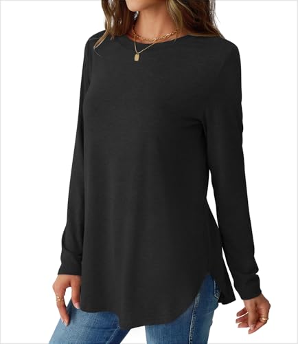 NORACORA Womens Long Sleeve Shirts Loose Tunic Tops Round Neck Lightweight Side Split Casual 2025 Trendy Basic Tshirts Blouse3