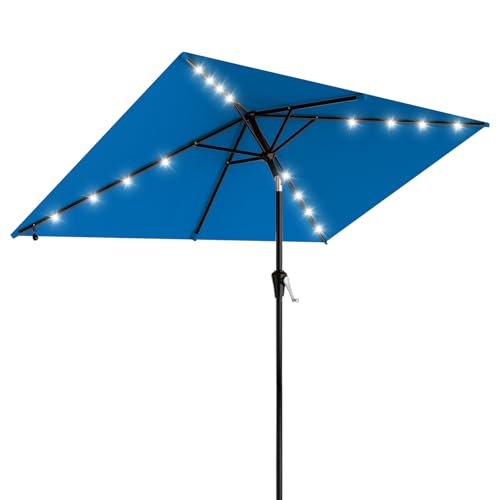 Image of AreShark 6.5' x 10' Rectangular Patio Umbrella with Solar Lights, Solar Powered Lighted Market Umbrella w /Tilt and Crank, Outdoor Table Umbrella for Garden, Deck, Backyard, Pool and Beach, Royal Blue