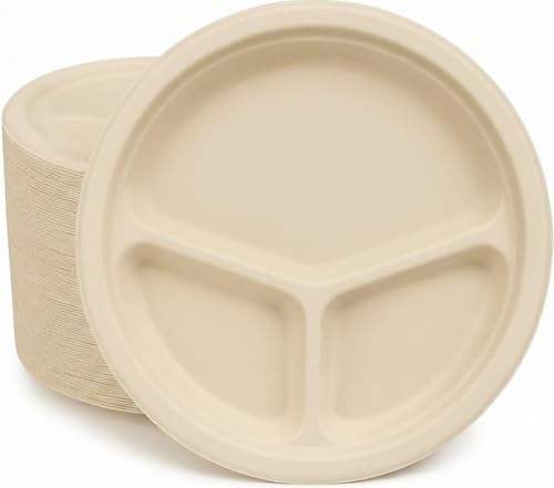 HAAGO 90 Extra Stabile Zuckerrohr Einwegteller 3-geteilt, 26 cm...