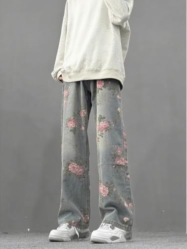 Baggy Jeans for Men Women Y2K Vintage Floral Straight-Leg Casual Fashion Denim Pants Hip-hop Harajuku Streetwear3