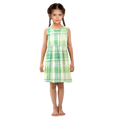 KLL Green Plaid Girl Party Dresses Swing Beach Sundress Summer Clothes O Neck4