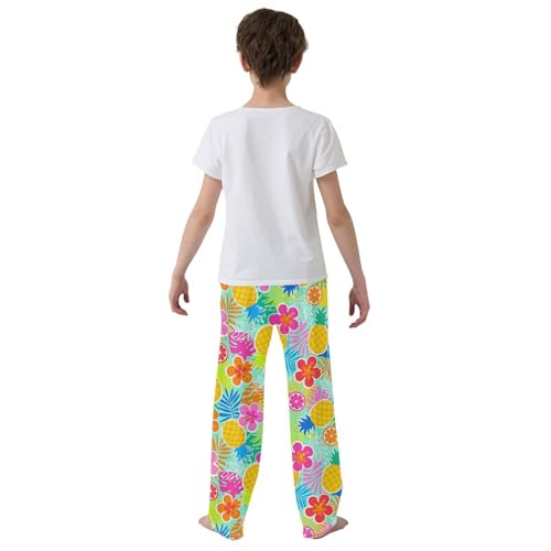Pineapple Orange Floral Boys Long Pants Soft Trousers Elastic Waist Kids Lounge Bottoms with Pockets S-XL3