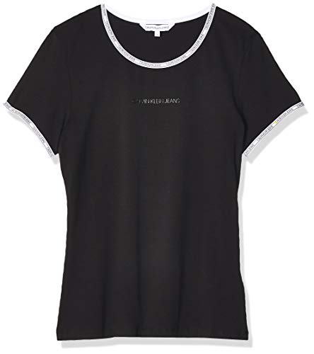 Calvin Klein Jeans Logo Trim SS Top Chemise, Black, S Femme