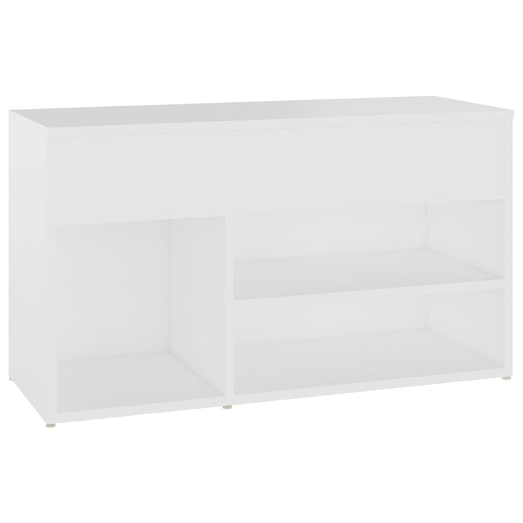 Szafka na buty, biała, 80 x 30 x 45 cm, wykonana z materiału drewnopochodnego z siedziskiem, 2 wkładane półki po prawej stronie i półka po lewej stronie oraz skrzynia na książki i akcesoria