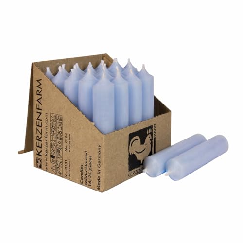 25 kurze Stabkerzen durchgefärbt 100x22mm | RAL Tafelkerzen mit 4h Brenndauer | Ohne Tropfen & Rußen | Leuchterkerzen für Deko | Made in Germany (Pastell Blau)