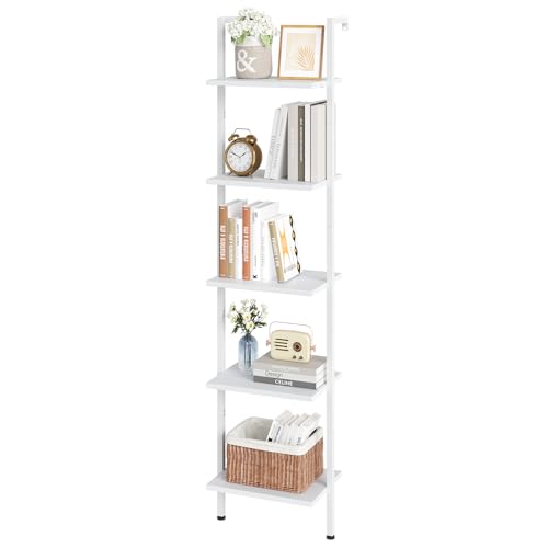 Image of ELYKEN Ladder Shelf, White 5-Tier Wood Wall Mounted Bookshelf with Metal Frame, Modern Open Display Organizer Rack, Leaning Storage Shelves for Living Room, Bedroom, Home Office