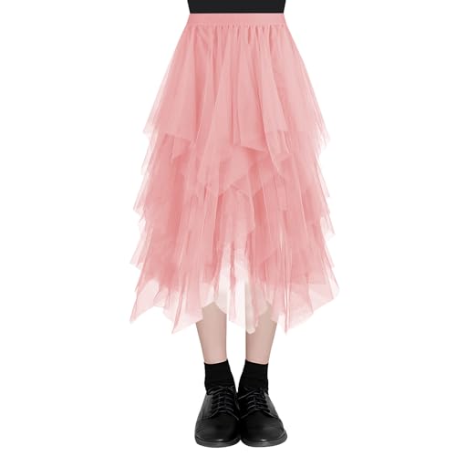 AUYAO Falda Tul Mujer, Falda Larga Mujer Cintura Elástica, Falda Mujer Tul Tutu Irregular, Falda Plisada de Mujer Casual de Gasa, Elegante Vintage para Ballet Prom Party(Talla Única-Rosa)