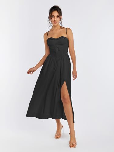 Image of Summer Lace Midi Dress Spaghetti Strap Flowy A Line Slit Swing Dresses Sundresses for Women 2024 Casual Beach Vacation
