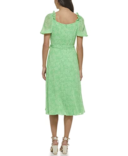 Dkny Women's Chiffon 3/4 Balloon Sleeve V-Neck Tie Waist Faux Wrap Midi Dress, Green Multi, 16 #TOP2