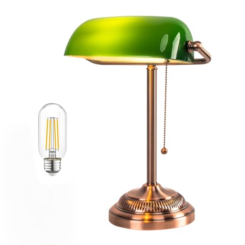 Lámpara de escritorio para banqueros, pantalla de cristal verde, lámpara de escritorio vintage con interruptor de cadena, lámparas de mesa retro para la oficina en casa, la biblioteca o el piano.