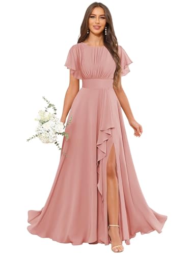 Long Chiffon Bridesmaid Dresses for Women Elegant Pleated Formal Evening Gowns with Slit4