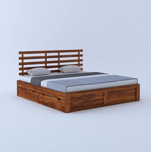 Image of Ganpati Arts Solid Sheesham Wood King Size Strap Bed with 4 Drawers Storage for Bedroom | Wooden Double Bed Cot Palang Furniture for Living Room Home and Hotel - (Honey Finish) 1 Year Warranty