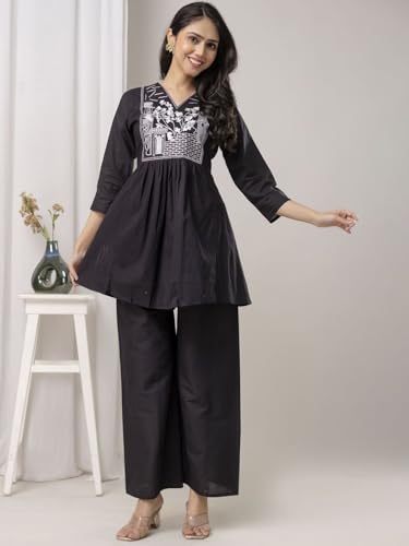 Image of Women's Rayon Kurti Set with Palazzo Pants | Embroidered V-Neck A-Line Short Kurti with 3 /4 Sleeves | Casual Ethnic Co-Ord Set for Daily Wear, Office & Festive