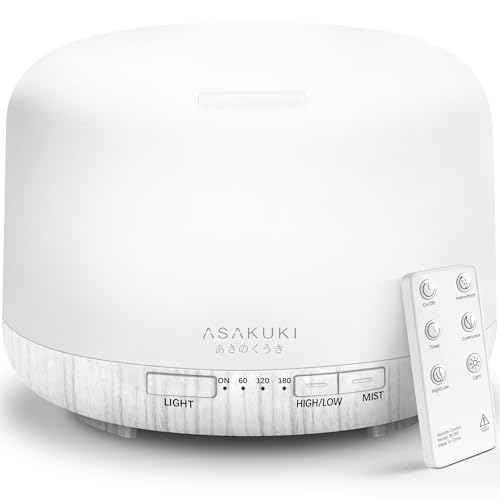 ASAKUKI 500ml Premium Essential Oil Diffuser with Remote Control, 5 in 1 Ultrasonic Aromatherapy Fragrant Oil Humidifier Vaporizer, Timer and Auto-Off Switch (White)