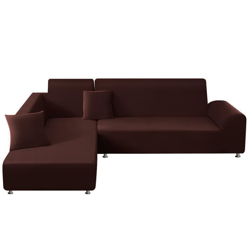 Mingfuxin L-Shaped Sofa Slipcovers, 2PCS Polyester Stretch Sofa Covers Furniture Protectors with 2 PCS Pillow Covers for L Shape Sectional Sofa Couch(L-Shaped 3+3 Seats, Deep Coffee)