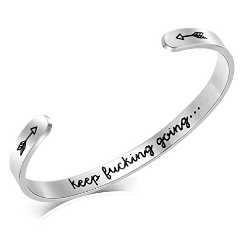 Inspirational Cuff Bracelet Bangle Keep Going Motivational Mantra Quote Stainless Steel Engraved Best Friend Sister Gift for Women Teen Girls with Hidden Message