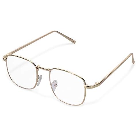 Navaris Retro Non Prescription Glasses - Gold Square Metal Frame Glasses with Clear Lenses for Men, Women - Blue Light Blocker Unisex Glasses Cover