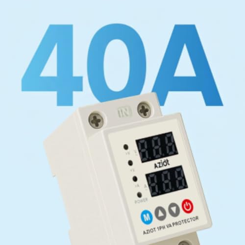 Image of AZIOT Automatic Over & Under Voltage Protector 40A | Adjustable Voltage & Reconnect Delay Settings | LED Display | Single Phase 230V | Auto Recovery Protection | DIN Rail Mounted for Home & Office