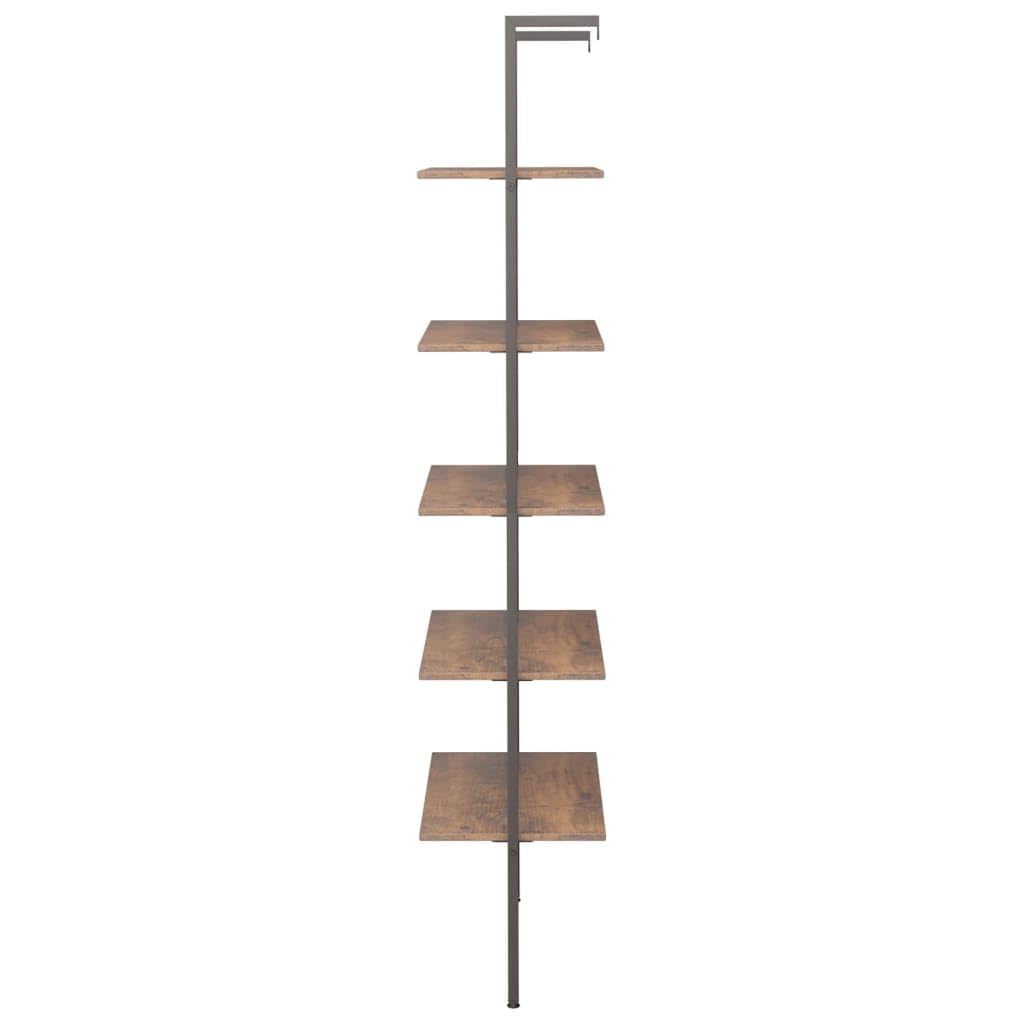 Fengshui Regał z 5 półkami, regał stalowy 64 x 35 x 185 cm, ciemnobrązowy i czarny, regał drabinkowy z 5 półkami na książki, rośliny i dekoracje, wytrzymała konstrukcja stalowa, oszczędność miejsca