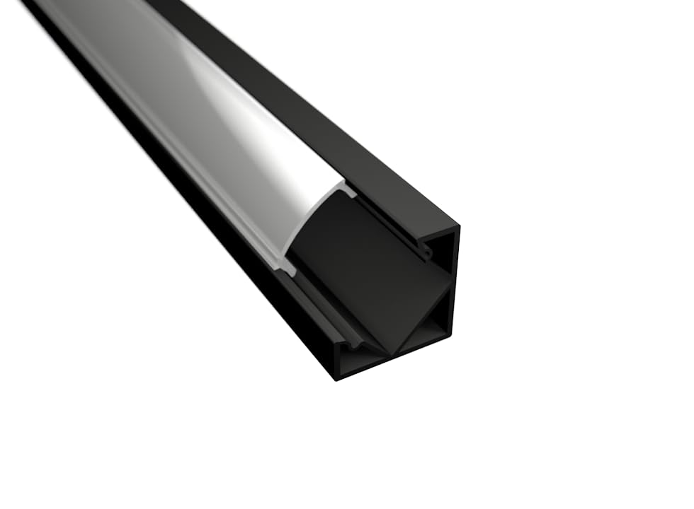 Perfil de 45° de aluminio negro 6063, modelo TL1919 - Barras de 2 m para tiras de LED con tapa mate (remates y ganchos de montaje incluidos) cover opaca