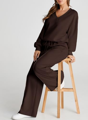 Herseas Women 2 Piece Outfits Sweatsuit 2025 Fall Casual V Neck Sweatshirt with Wide Leg Sweatpants Tracksuit Lounge Set2