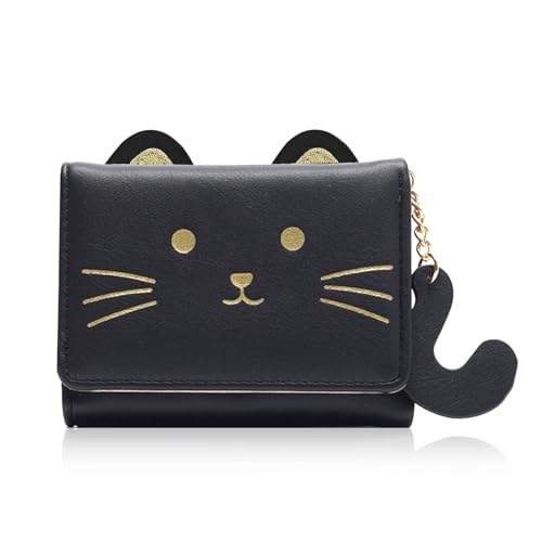 Cat Wallet for Women Cute Black Small 3D Animal Wallet with Glitter Ears Tail Tri-Fold ID Card Case with Zipper Pocket Adorable Wallets for Animal Lover